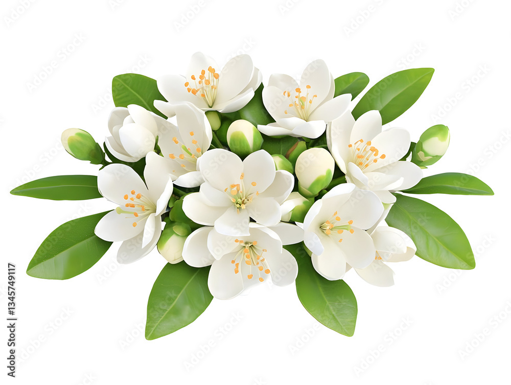 Fototapeta premium Realistic Jasmine Flower Illustration of Pure White Blooms and Lush Green Leaves on Transparent Background for Fresh Spring Designs and Floral Compositions