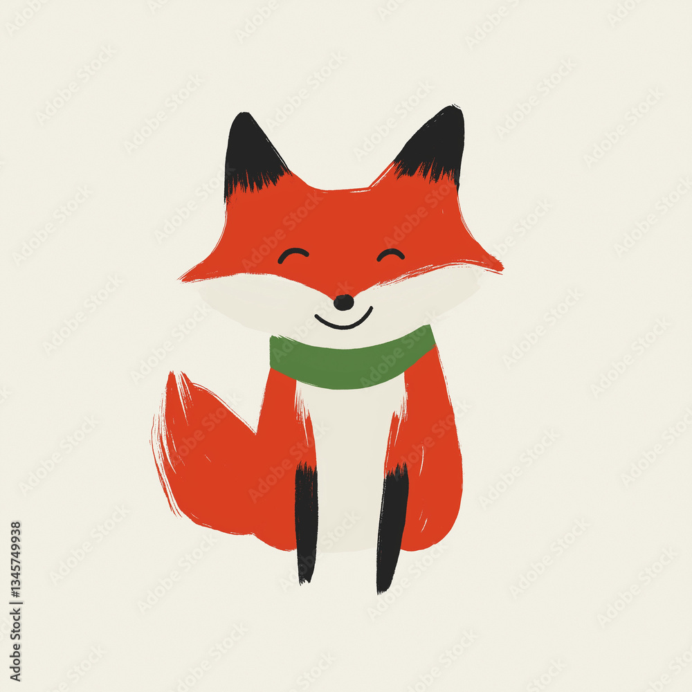 Obraz premium Cute and Playful Hand-Drawn Illustration of a Smiling Fox Wearing a Green Scarf, Adorable Cartoon Character Ideal for Children's Books, Cards, and Creative Designs