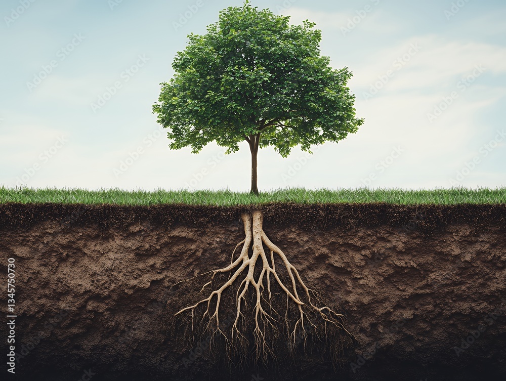 Obraz premium Green Tree Roots Deep Soil Nature Growth Ecology life wood leaf dark plant earth brown