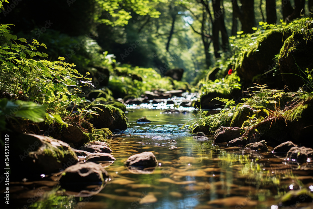 serene and natural landscape consists of a stream flowing through a ravine, surrounded by vibrant greenery and shimmering water serene and natural landscape consists of a stream flowing through a ravine, surrounded by vibrant greenery and shimmering water