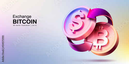 Currency exchange 3d vector. dollar, bitcoin. Money conversion three dimensional illustration. 3D Web Vector Illustration collection.ai