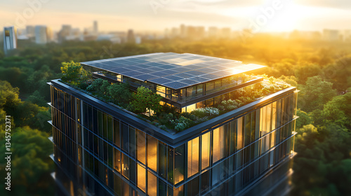 An eco-friendly office building with modern glass architecture and solar panels integrated into the roof, emphasizing sustainable business practices.