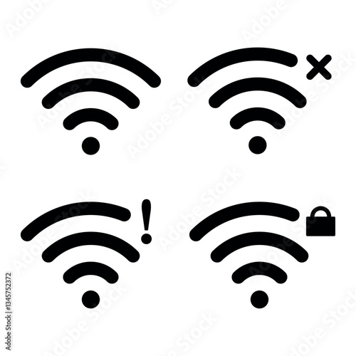 WiFi signal icons with error, lock, and disconnection
