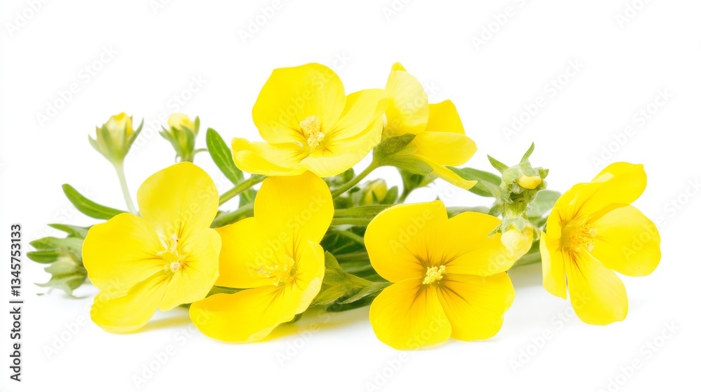 Obraz premium Bright yellow rapeseed flowers isolated on a white background. Fresh canola blossoms with delicate petals and green stems, ideal for botanical, agricultural, and natural-themed designs.