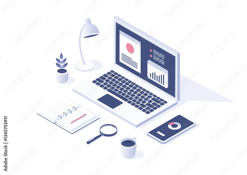 Isometric workspace with laptop and digital analytics. Isometric workspace with laptop and digital analytics.