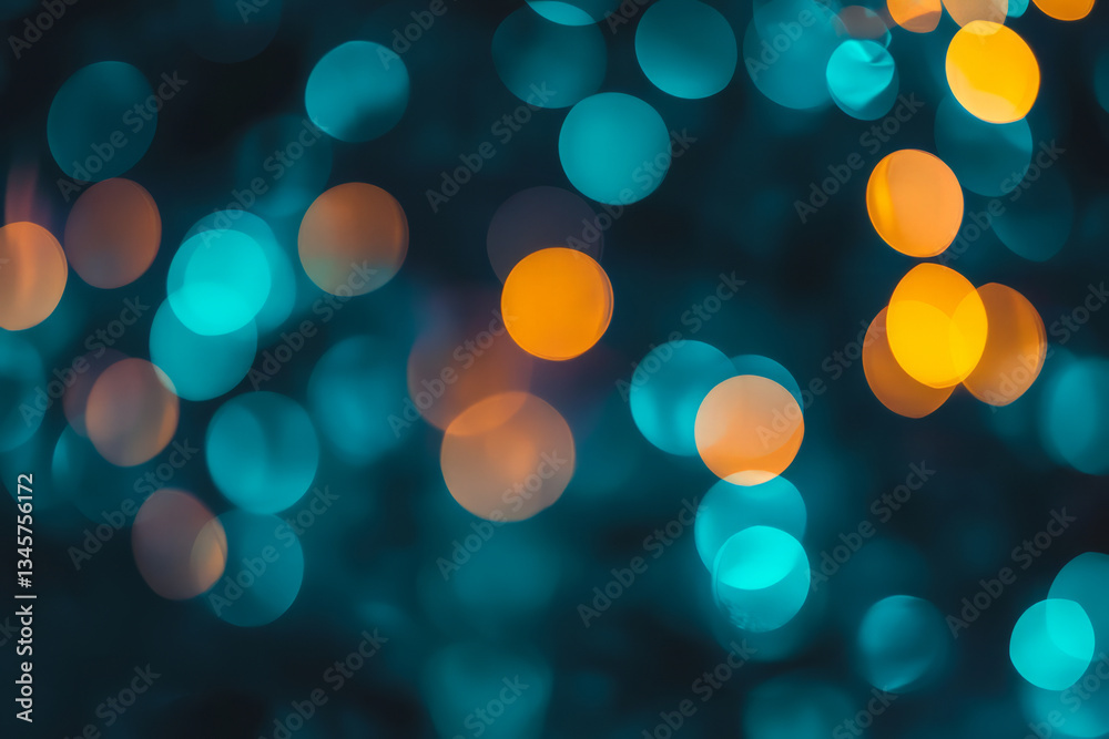 Fototapeta premium A bold, colorful abstract background featuring blurred city lights at night. The glowing orbs in deep navy, radiant amber, and electric teal create a dreamy, cinematic, and visually immersive urban