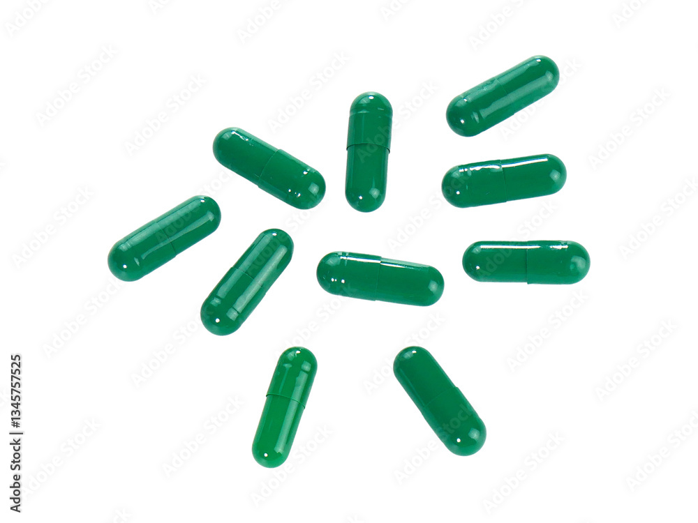 Bulk green capsule pills isolated on white background. Bulk green capsule pills isolated on white background.