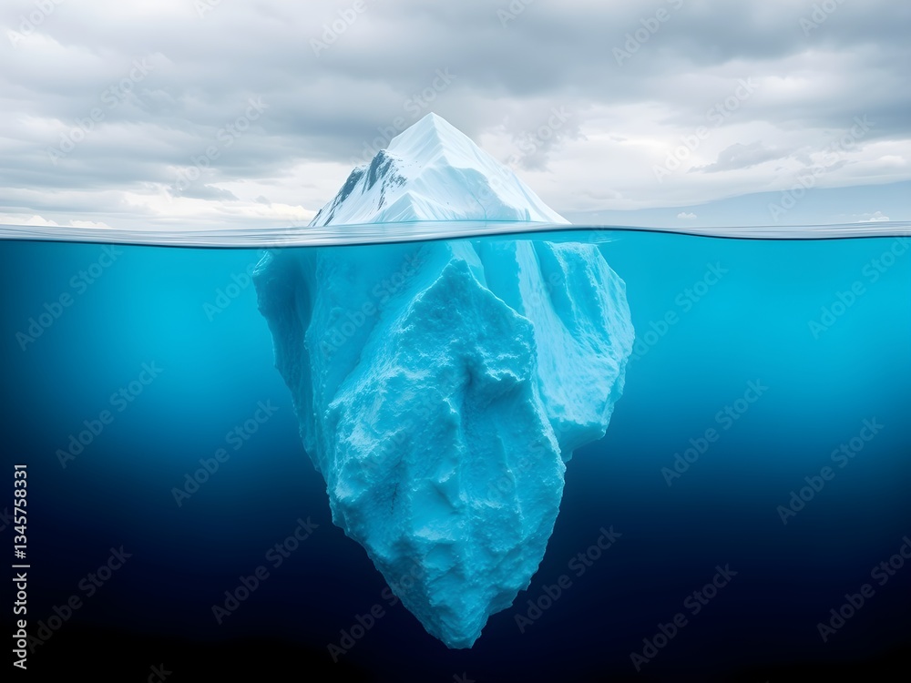 Obraz premium Iceberg in the ocean with a view under water. Crystal clear water. Hidden Danger And Global Warming Concept.