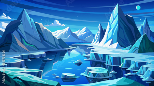 vector of awe-inspiring Antarctic scene where jagged glaciers meet the deep blue ocean, surrounded by floating icebergs
