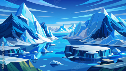 vector of awe-inspiring Antarctic scene where jagged glaciers meet the deep blue ocean, surrounded by floating icebergs