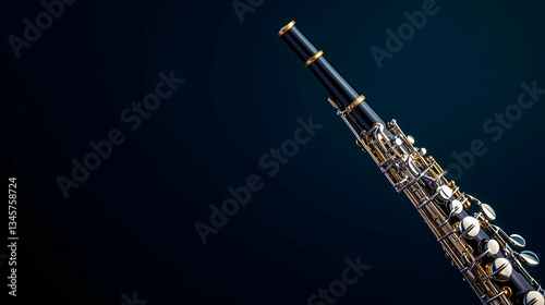 Angled Oboe with Shiny Gold Keys and Details Against Dark Background Lighting