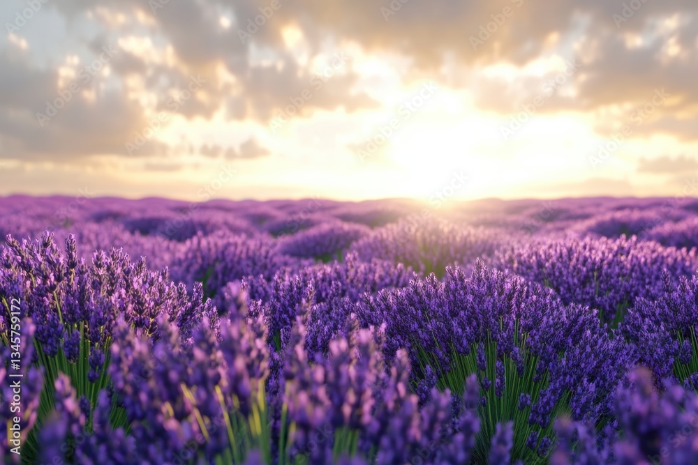 Naklejka premium A breathtaking lavender field in full bloom under a golden sunrise, bringing serenity and beauty