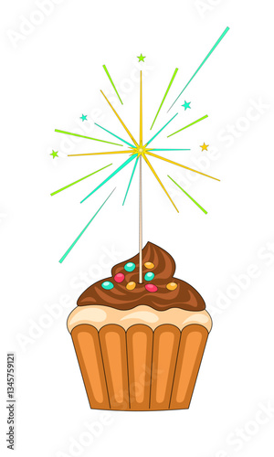 Cupcake with chocolate icing, candies and sparklers vector illustration
