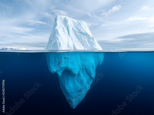 Iceberg in the ocean with a view under water. Crystal clear water. Hidden Danger And Global Warming Concept.