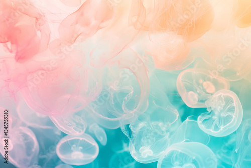 A dreamy, colorful abstract background featuring translucent, glowing jellyfish-like forms. The softly pulsating, weightless shapes in pastel cyan, radiant pink, and warm amber create an ethereal,