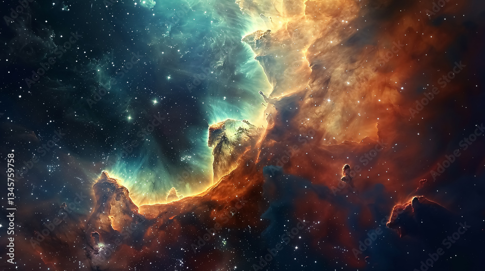 Fototapeta premium Star clusters and deep space nebulae, creating a beautiful space landscape reminiscent of science fiction.