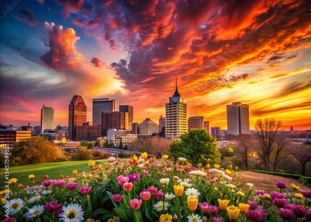 Fototapeta premium Springfield Cityscape Panorama: Vibrant Spring Skyline at Sunset