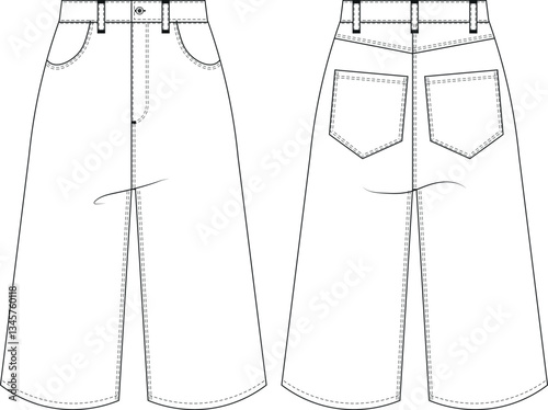 high rise waist wide leg short capri denim jean pant trouser template technical drawing flat sketch cad mockup fashion woman design style model 
