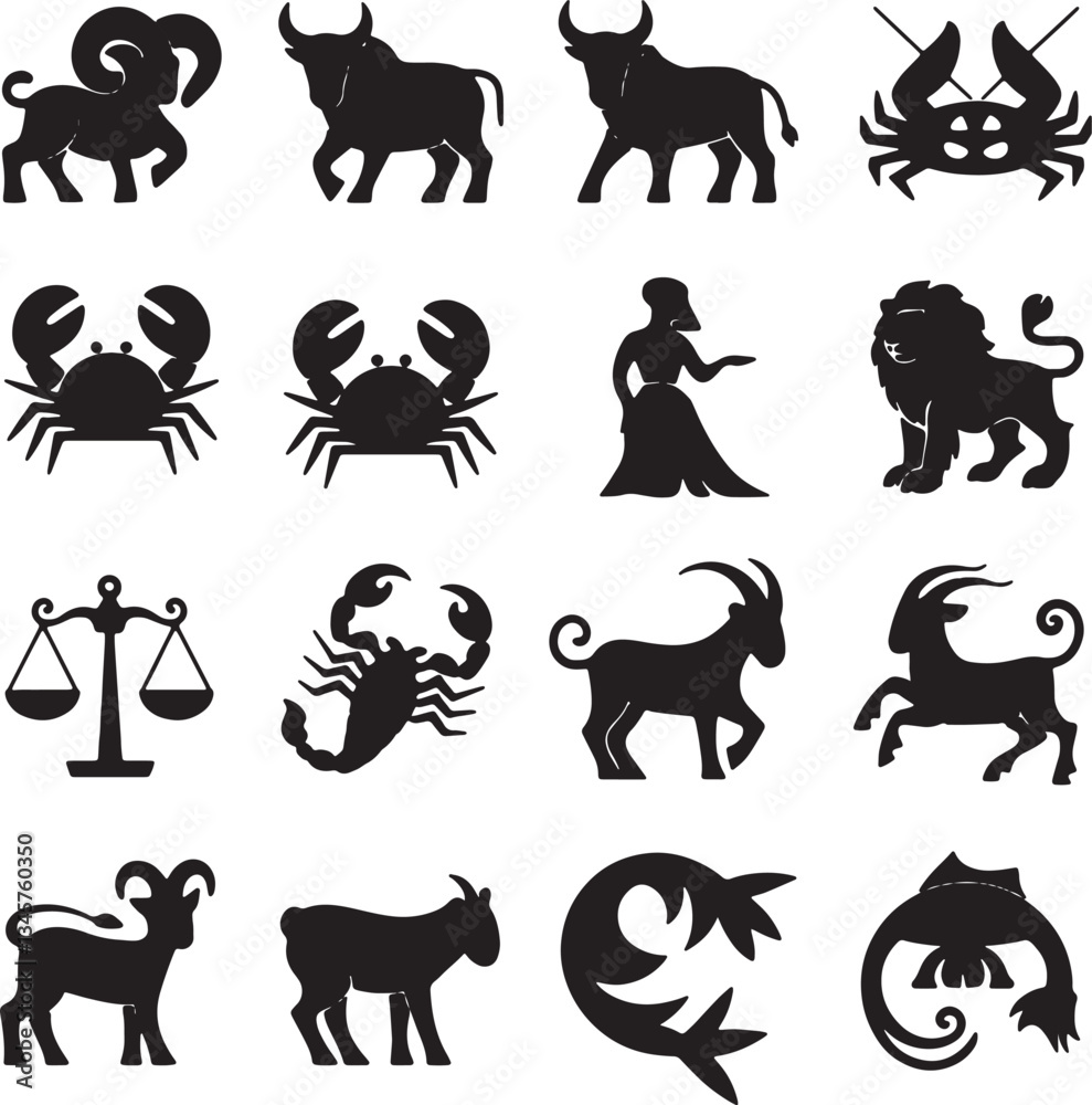 Naklejka premium Black silhouette of zodiac signs on a white background