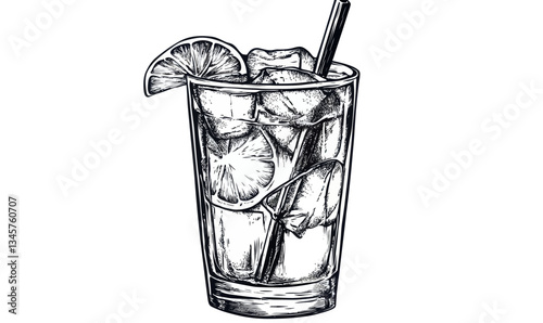 Minimalist Mojito Cocktail Engraved Vector Illustration with Lime Garnish