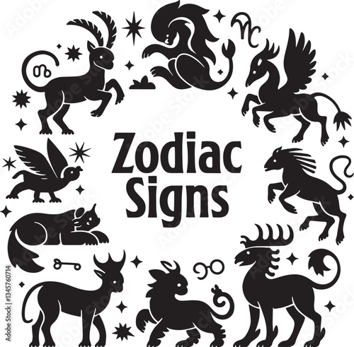 Black silhouette of zodiac signs on a white background 