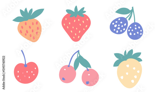 Cute Flat Berries Vector Illustration: Strawberry, Blueberry, Cherry, Raspberry, Sea Buckthorn Icons