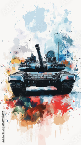 Watercolor Military Tank with Vibrant Splashes Symbolizing War and Conflict