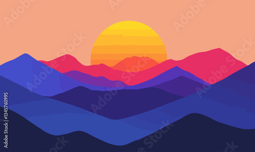 Minimalist Sunset over Mountain Landscape in Vector Art Style