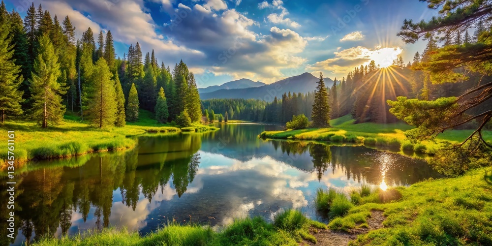 Naklejka premium Stunning 4K Nature Background: Lush Forest, Sunlit Meadow, Serene Lake
