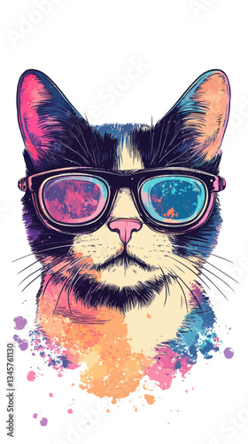 Wallpaper Mural Cyberpunk Cat with Glasses Vibrant Watercolor Illustration for Posters Torontodigital.ca