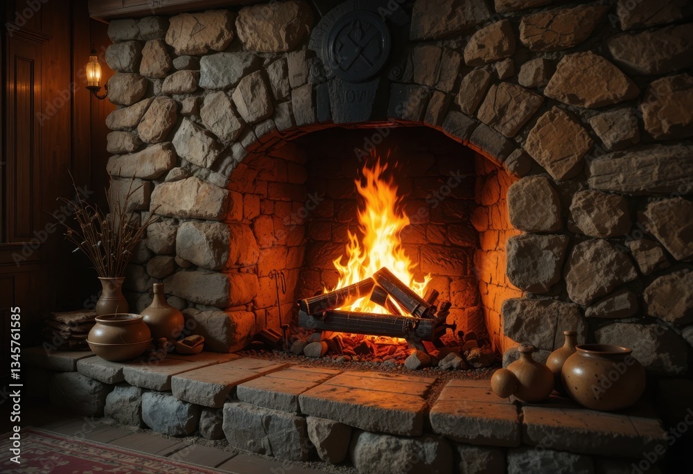 Obraz premium Cozy firewood arrangement rustic hearth photography warm interior close-up comforting atmosphere
