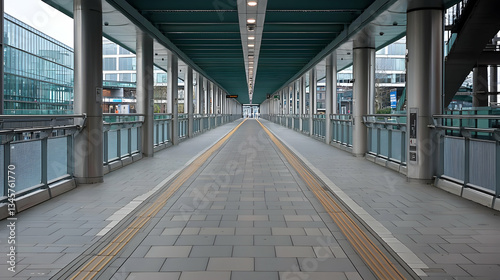 Modern Covered Pedestrian Bridge With Glass And Steel Railings In Urban Setting Gray Concrete Walkway Under Overhead Lighting