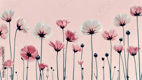 Delicate Pink and White Flowers with Long Stems Stand Gracefully Against Soft Pastel Background, Creating Serene and Elegant Floral Scene in Natures Beauty