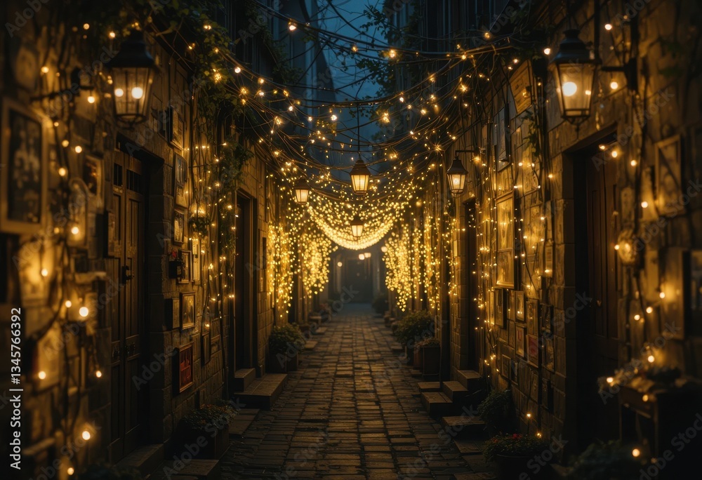 Fototapeta premium Captivating night walk enchanted alley urban scene magical atmosphere low angle dreamy ambiance