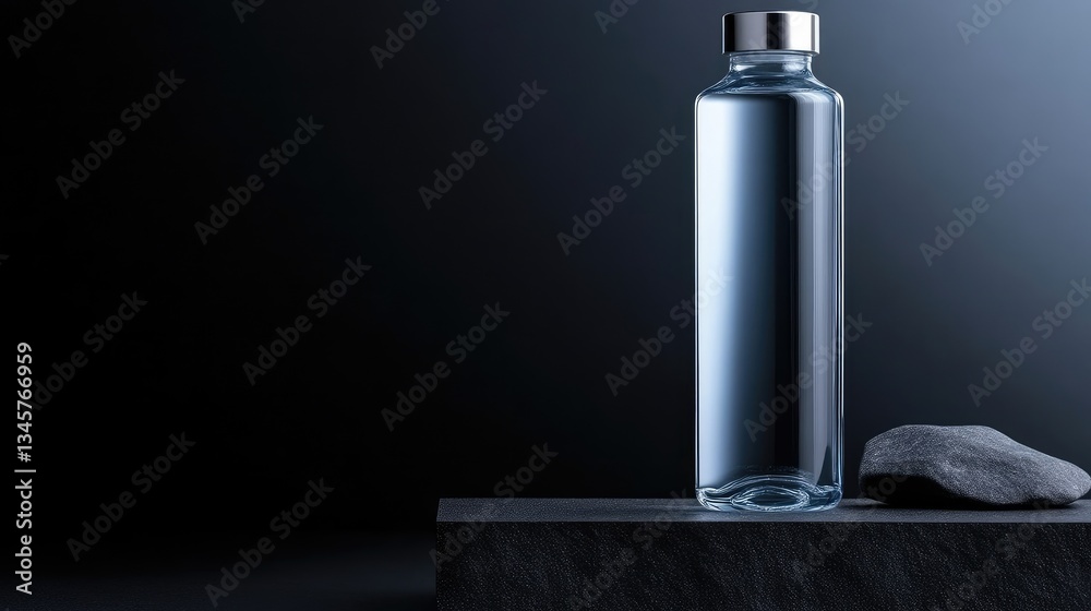 Clear glass water bottle on dark surface with stone
