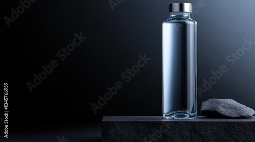 Obraz na płótnie Clear glass water bottle on dark surface with stone w salonie
