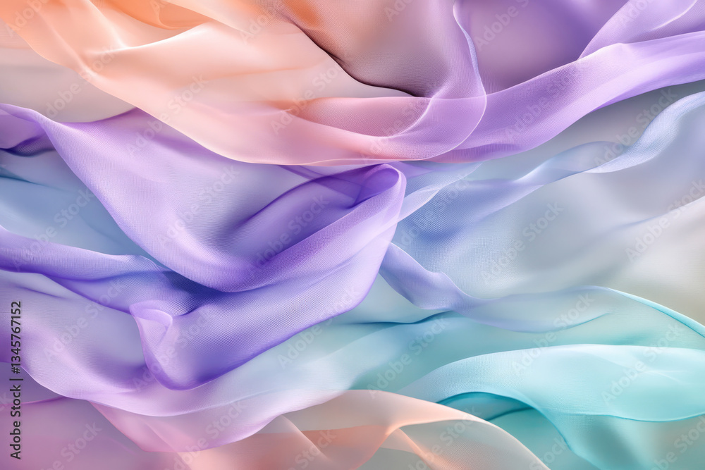 Obraz premium A dreamy, colorful abstract background with delicate, floating silk ribbons. The soft waves of pastel lavender, gentle teal, and warm peach move elegantly, creating a soothing, fluid, and visually