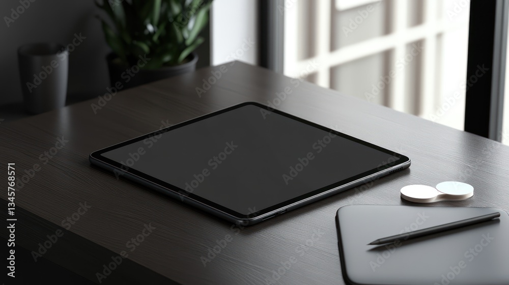 Modern Minimalist Workspace: Tablet, Stylus, and Contact Lens Case on Dark Wooden Desk Modern Minimalist Workspace: Tablet, Stylus, and Contact Lens Case on Dark Wooden Desk