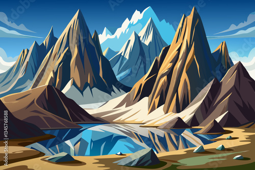 beautiful hill in alp mountains with lake cartoon background