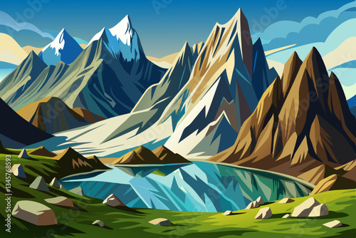 beautiful hill in alp mountains with lake cartoon background