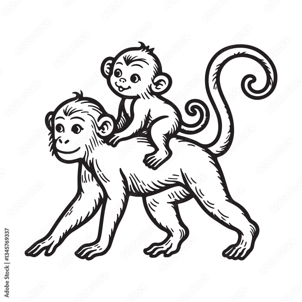 Fototapeta premium Line art of baby monkey sitting on mother monkey back cartoon vector