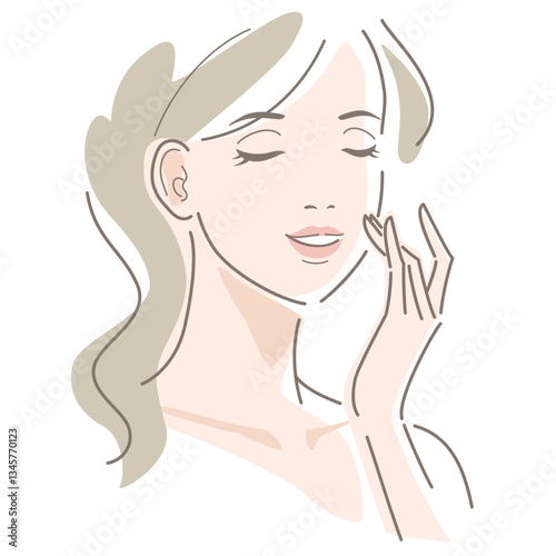 A young woman with long hair touches her cheek with her finger and eyes closed. Beauty, makeup, skincare concept. Vector illustration in line drawing, isolated on white background.