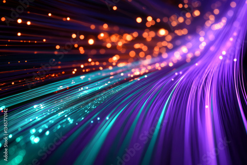 A radiant, colorful abstract background inspired by fiber-optic light trails. Thin glowing strands of emerald green, warm coral, and bright violet weave across the composition, forming a futuristic