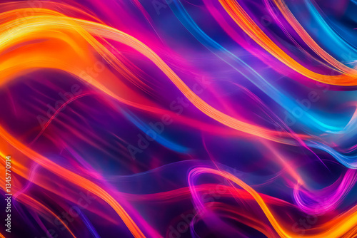 A bold, colorful abstract background featuring chaotic energy waves. The electrifying streaks of neon cyan, deep orange, and brilliant purple create a high-impact, motion-filled, and visually striking