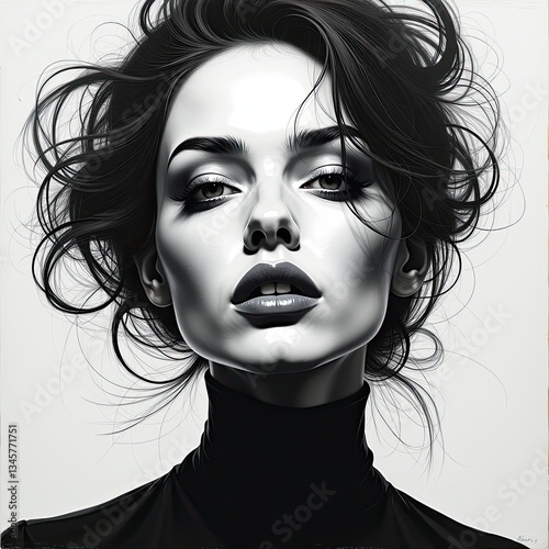 Monochromatic Digital Woman Art on White Background  Wall Art Inspiration. A black and white portrait of a woman with dark hair.