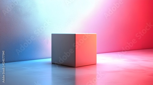A cube, placed on a smooth surface, with a gradient of blue and red on the background. Light and shadow make the cube look three-dimensional and modern.

