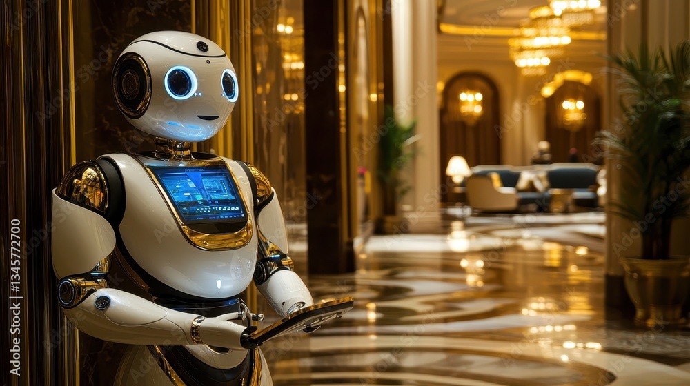 A humanoid robot stands in an opulent hotel lobby interior