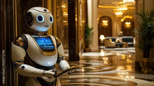 Obraz na płótnie A humanoid robot stands in an opulent hotel lobby interior w salonie