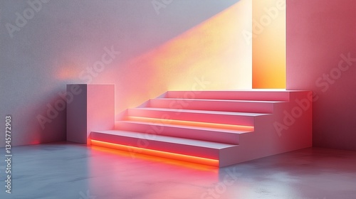 A staircase with soft orange lighting, which leans against a wall and pours light from above, creates a warm and modern atmosphere