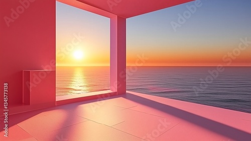 A modern interior space with red walls and floors and sunlight streaming in through large Windows. Outside the window is a peaceful sea, the sun is setting and the sky is a warm orange